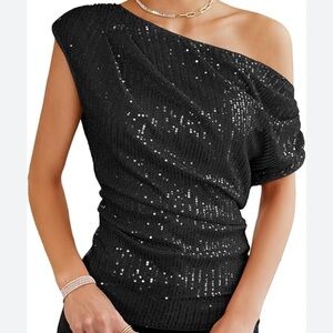 NWT Grace Karin Black Sequin One Shoulder Evening Party Blouse Overlay Top  XL